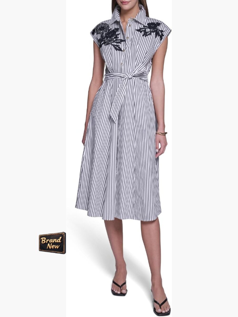 Cap Sleeve Midi Striped Shirt Dress Floral Applique Cotton